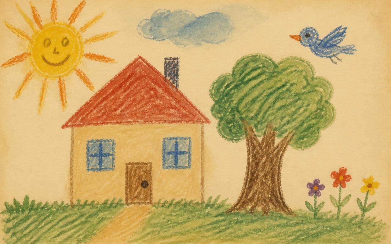 Kinderzeichnung mit Haus, Sonne, Baum und Vogel in Wachsmalkreide.